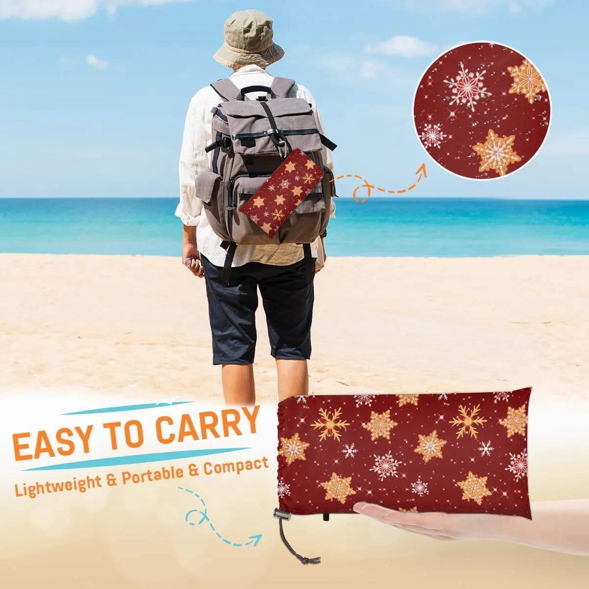 Christmas Pattern Beach Blanket, Sandproof Beach Mat, 68 x 59 Waterproof Quick Drying Sand Free Mat with 4 x Ground Spikes for Outdoor Travel Camping Hiking, red Snowflakes