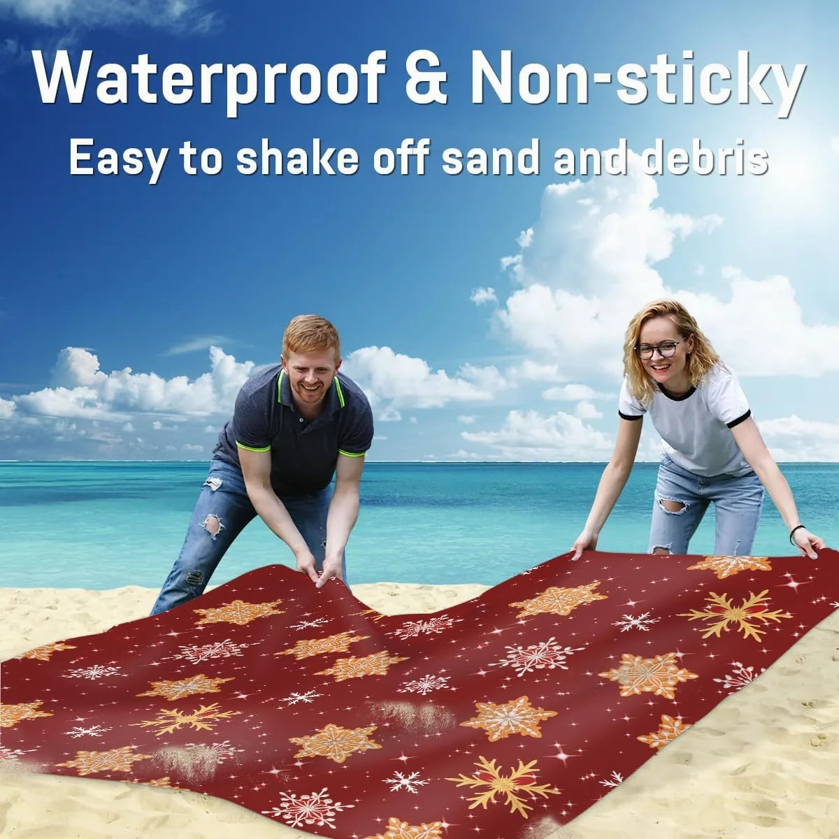 Christmas Pattern Beach Blanket, Sandproof Beach Mat, 68 x 59 Waterproof Quick Drying Sand Free Mat with 4 x Ground Spikes for Outdoor Travel Camping Hiking, red Snowflakes