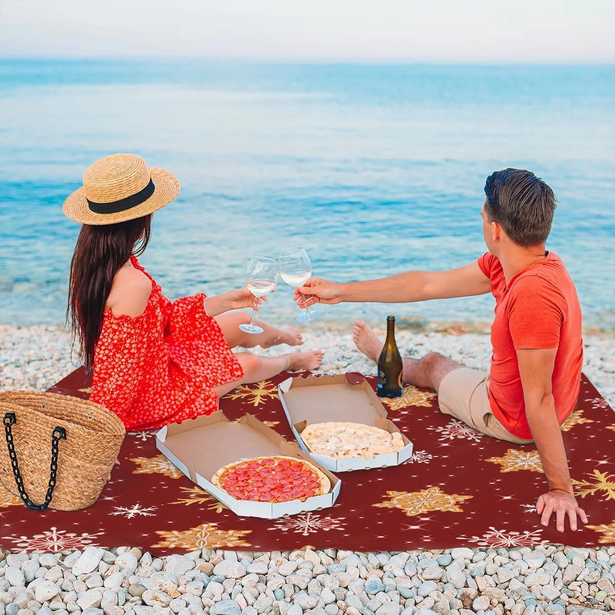 Christmas Pattern Beach Blanket, Sandproof Beach Mat, 68 x 59 Waterproof Quick Drying Sand Free Mat with 4 x Ground Spikes for Outdoor Travel Camping Hiking, red Snowflakes
