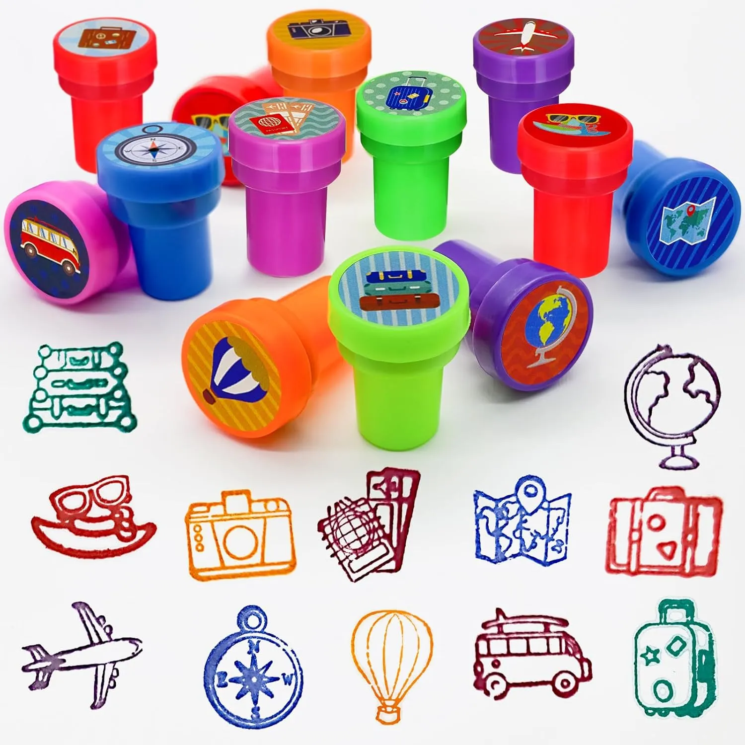 Cinrobiye 24 Pcs Adventure Travel Stampers for Boys Girls, Bon Voyage Birthday Party Supplies Favors, Classroom Rewards, Carnival Prizes, Goody Bag Pinata Fillers for Let the Adventure Begin Party