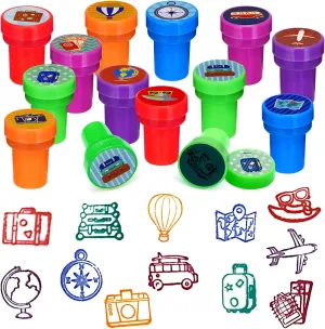 Cinrobiye 24 Pcs Adventure Travel Stampers for Boys Girls, Bon Voyage Birthday Party Supplies Favors, Classroom Rewards, Carnival Prizes, Goody Bag Pinata Fillers for Let the Adventure Begin Party