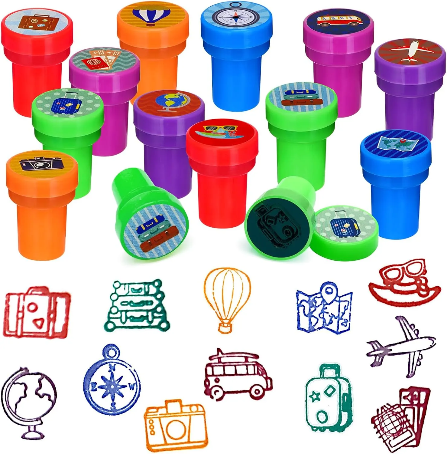 Cinrobiye 24 Pcs Adventure Travel Stampers for Boys Girls, Bon Voyage Birthday Party Supplies Favors, Classroom Rewards, Carnival Prizes, Goody Bag Pinata Fillers for Let the Adventure Begin Party