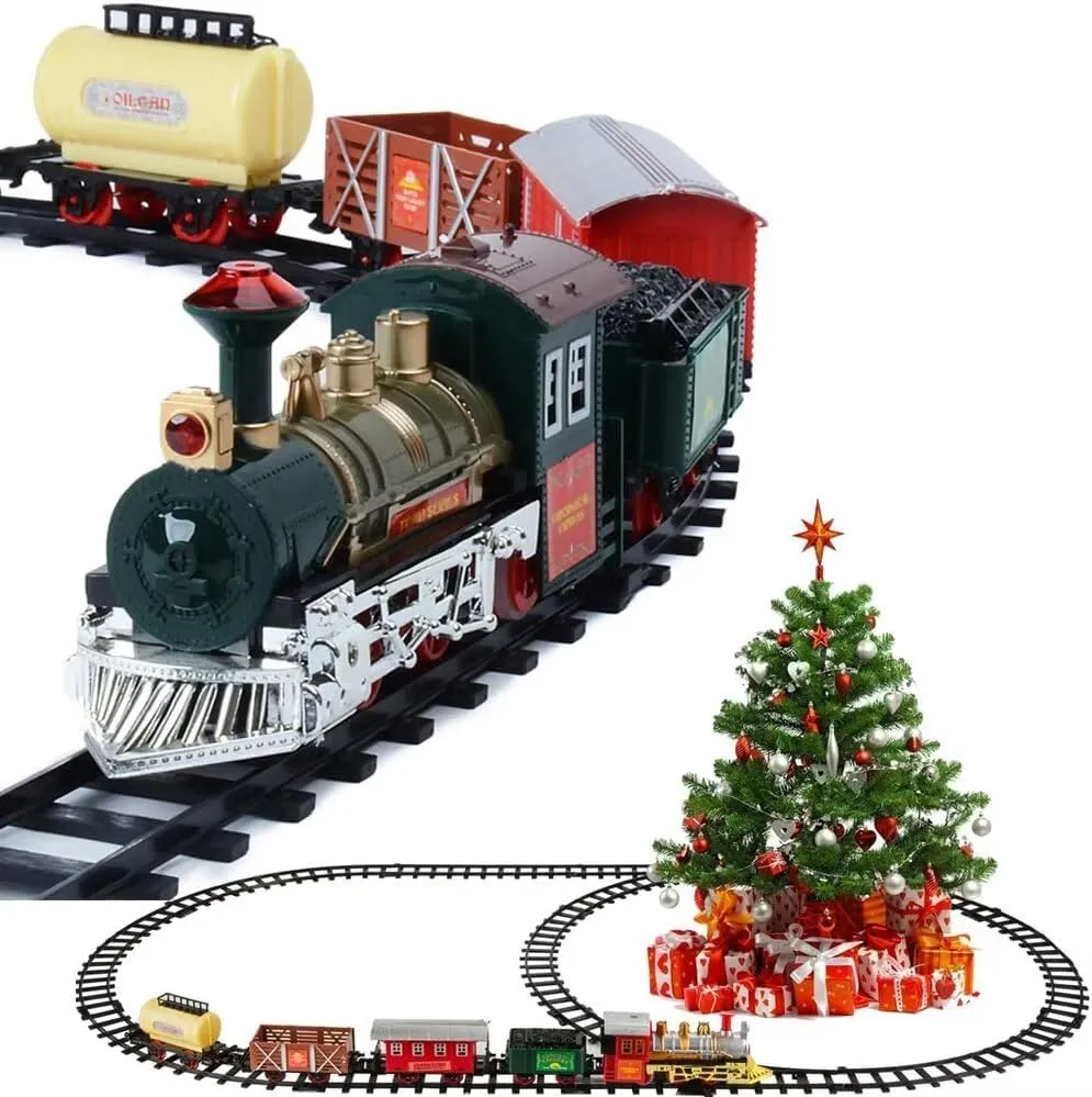 Classic Christmas Train Toys Set with Lights and Sounds, Electric Train Set with Tracks, Locomotive Engine, Cargo Car, Coal Cargo, Passenger Coach