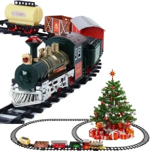 Classic Christmas Train Toys Set with Lights and Sounds, Electric Train Set with Tracks, Locomotive Engine, Cargo Car, Coal Cargo, Passenger Coach