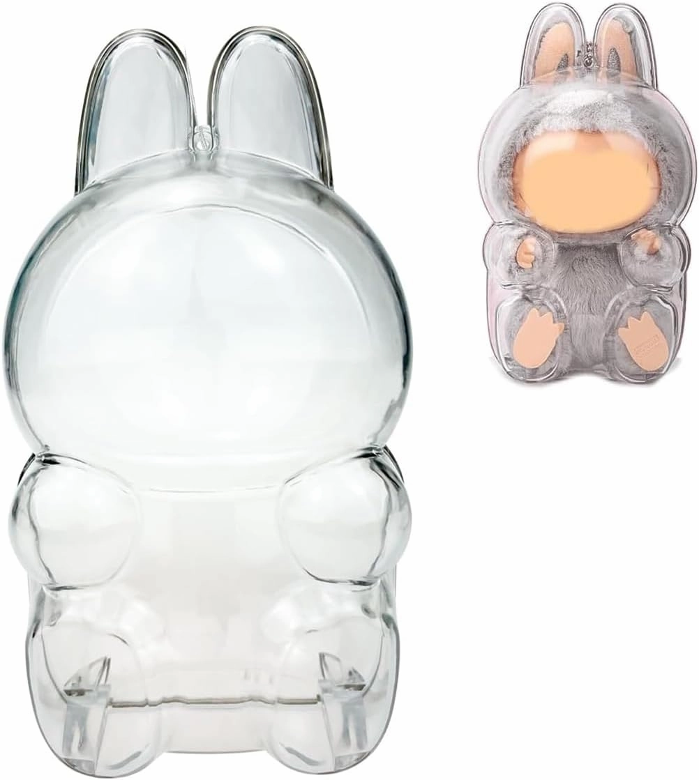 Clear Figure Display Bag with Keychain, Plastic Protective Cover Compatible with labubu case, Storage Transparent PVC Bag Hanging Mode（1 PC Sitting