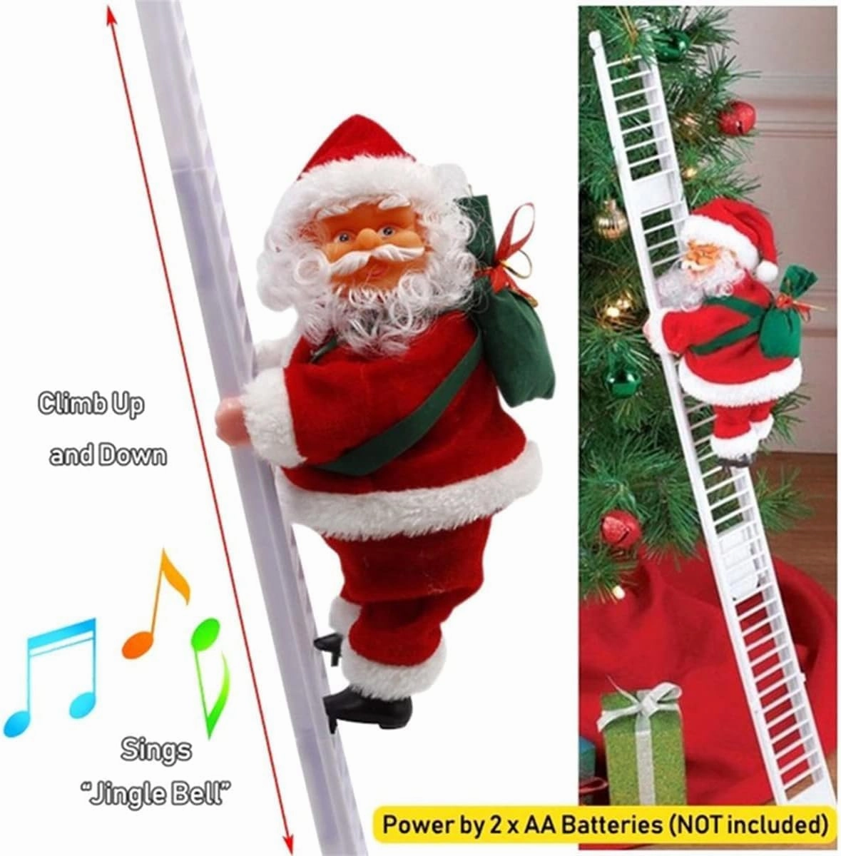 Climbing Santa, Electric Santa Climbing Ladder to Christmas Tree, Creative Climbing Santa on Ladder/Rope, Climbing Santa Claus with Music for Christmas Decorations Xmas Gift (White Ladder)
