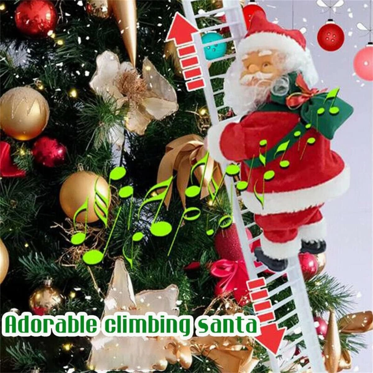 Climbing Santa, Electric Santa Climbing Ladder to Christmas Tree, Creative Climbing Santa on Ladder/Rope, Climbing Santa Claus with Music for Christmas Decorations Xmas Gift (White Ladder)