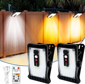 Clip on Solar Motion Sensor Lights Outdoor Waterproof with 70 LEDs, 2 Pack Solar Powered Lights for Outside Chain Link Fence Garage Gutter Camping Gate RV (3 Color Temperature)