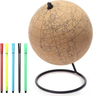 Color-in Cork Globe with 5 Different Colored Markers & Durable Steel Base | Great for Mapping Travels & Educational Purposes | Does Not Have Plastic Strip Like Most