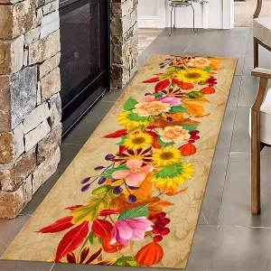 Colorful Floral Runner Rug, 2x10ft, Red Berry Sunflowers Daisy Floral Rug Yellow Fallen Leaves Pattern Print Harvest Decor Thanksgiving Rug, Non Slip Washable Rugs for entryway