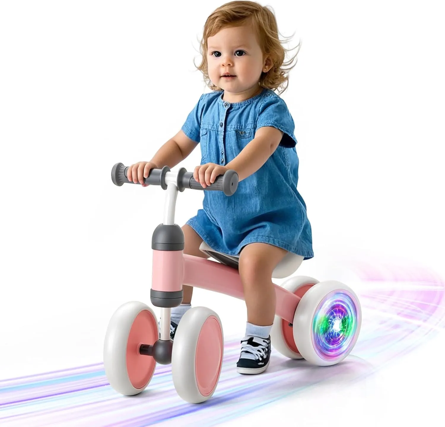 Colorful Lighting Baby Balance Bike, 1st Birthday Girl Gifts with 4 Silent Wheels & Soft Seat, Balance Bike 1 Year Old No Pedal, 12-24 Months Toddler Ride-on Toys, Baby Walker for Girls Boys, Pink