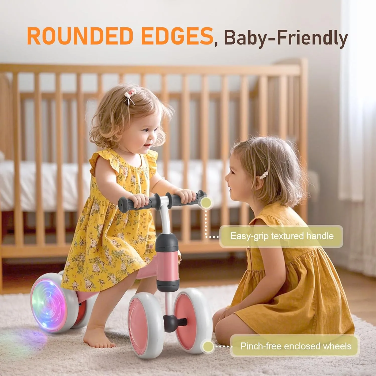 Colorful Lighting Baby Balance Bike, 1st Birthday Girl Gifts with 4 Silent Wheels & Soft Seat, Balance Bike 1 Year Old No Pedal, 12-24 Months Toddler Ride-on Toys, Baby Walker for Girls Boys, Pink