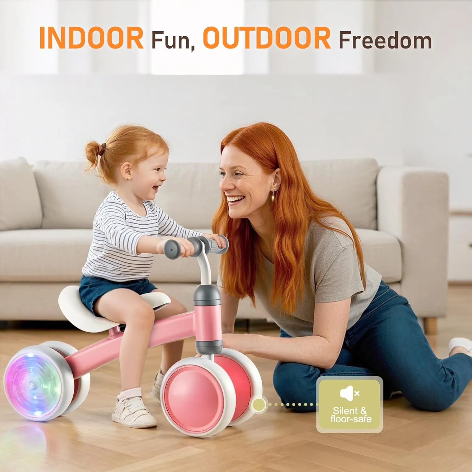 Colorful Lighting Baby Balance Bike, 1st Birthday Girl Gifts with 4 Silent Wheels & Soft Seat, Balance Bike 1 Year Old No Pedal, 12-24 Months Toddler Ride-on Toys, Baby Walker for Girls Boys, Pink