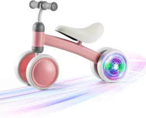Colorful Lighting Baby Balance Bike, 1st Birthday Girl Gifts with 4 Silent Wheels & Soft Seat, Balance Bike 1 Year Old No Pedal, 12-24 Months Toddler Ride-on Toys, Baby Walker for Girls Boys, Pink