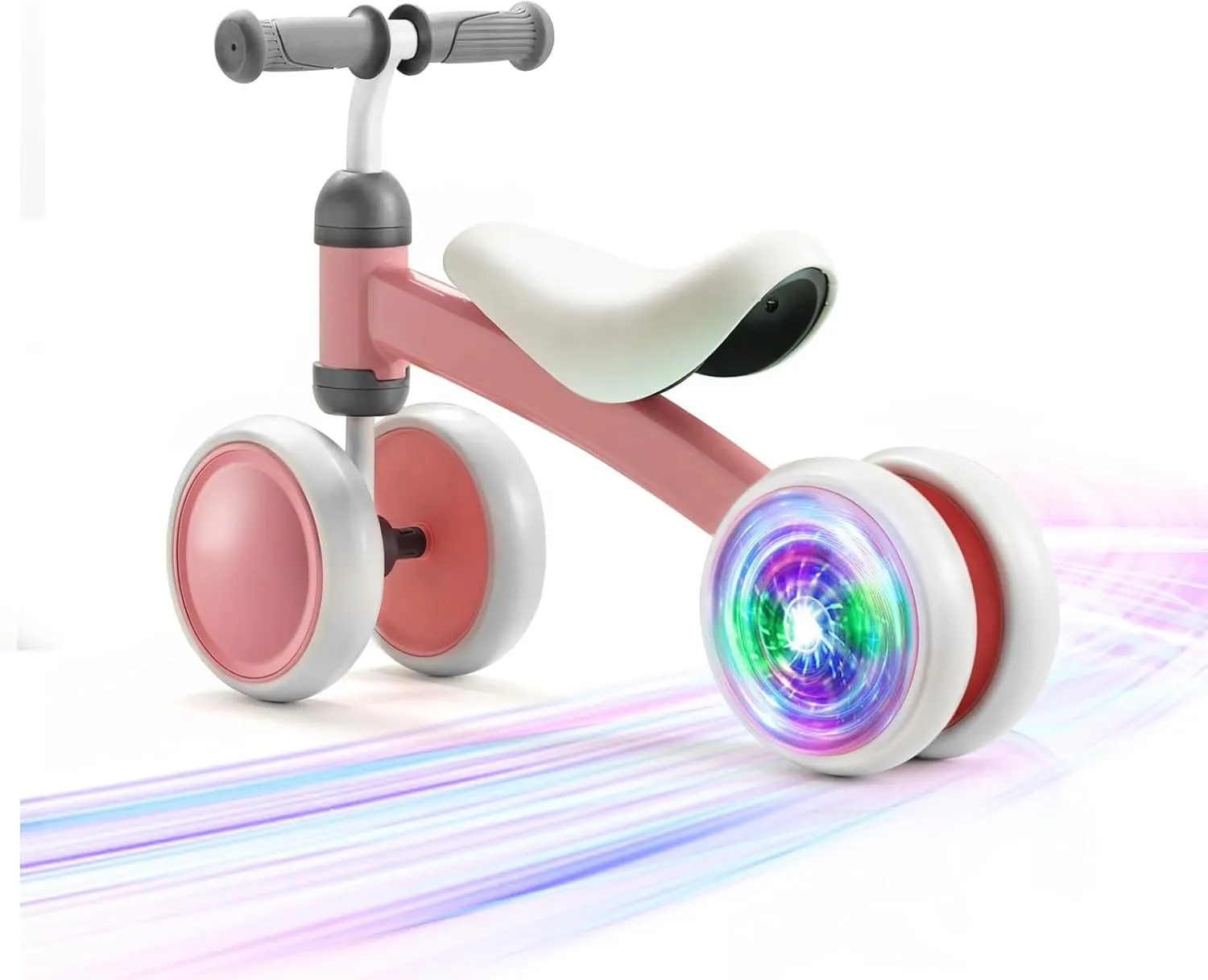 Colorful Lighting Baby Balance Bike, 1st Birthday Girl Gifts with 4 Silent Wheels & Soft Seat, Balance Bike 1 Year Old No Pedal, 12-24 Months Toddler Ride-on Toys, Baby Walker for Girls Boys, Pink