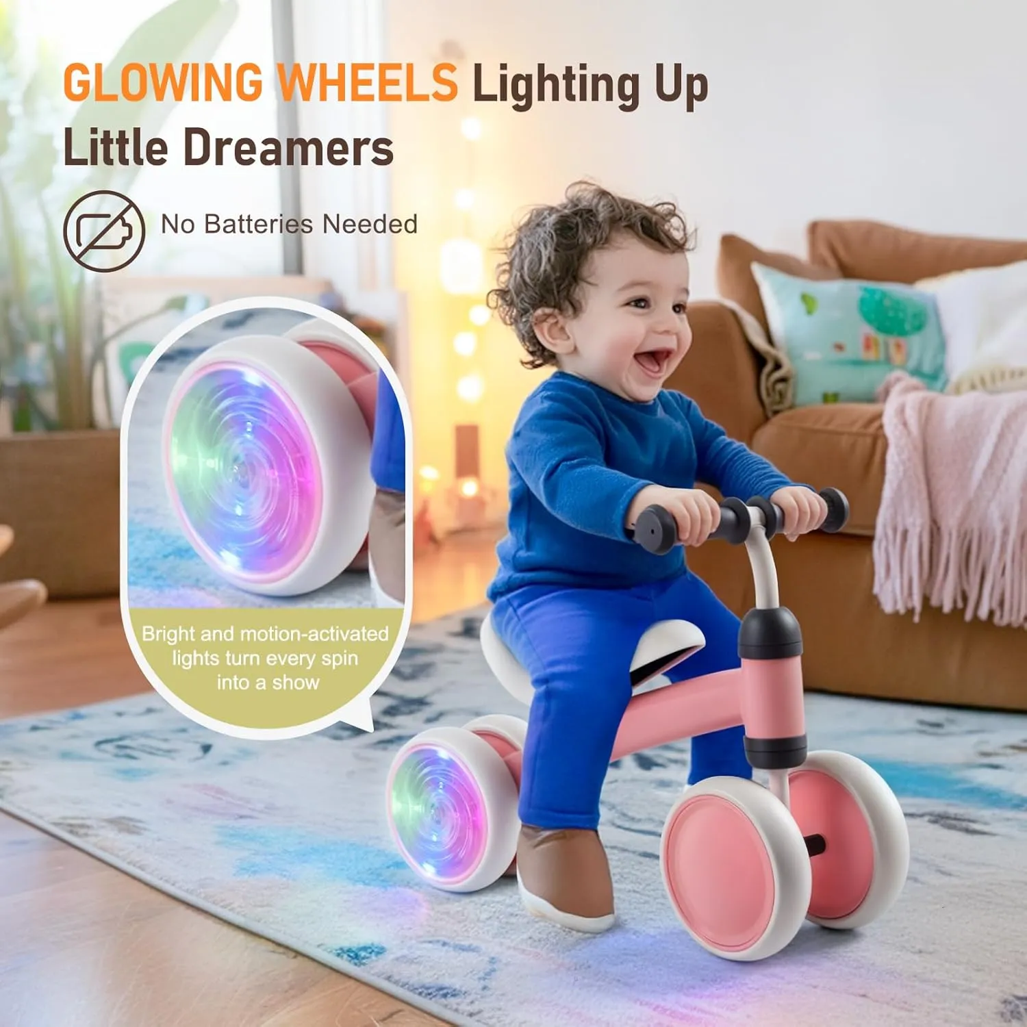 Colorful Lighting Baby Balance Bike, 1st Birthday Girl Gifts with 4 Silent Wheels & Soft Seat, Balance Bike 1 Year Old No Pedal, 12-24 Months Toddler Ride-on Toys, Baby Walker for Girls Boys, Pink