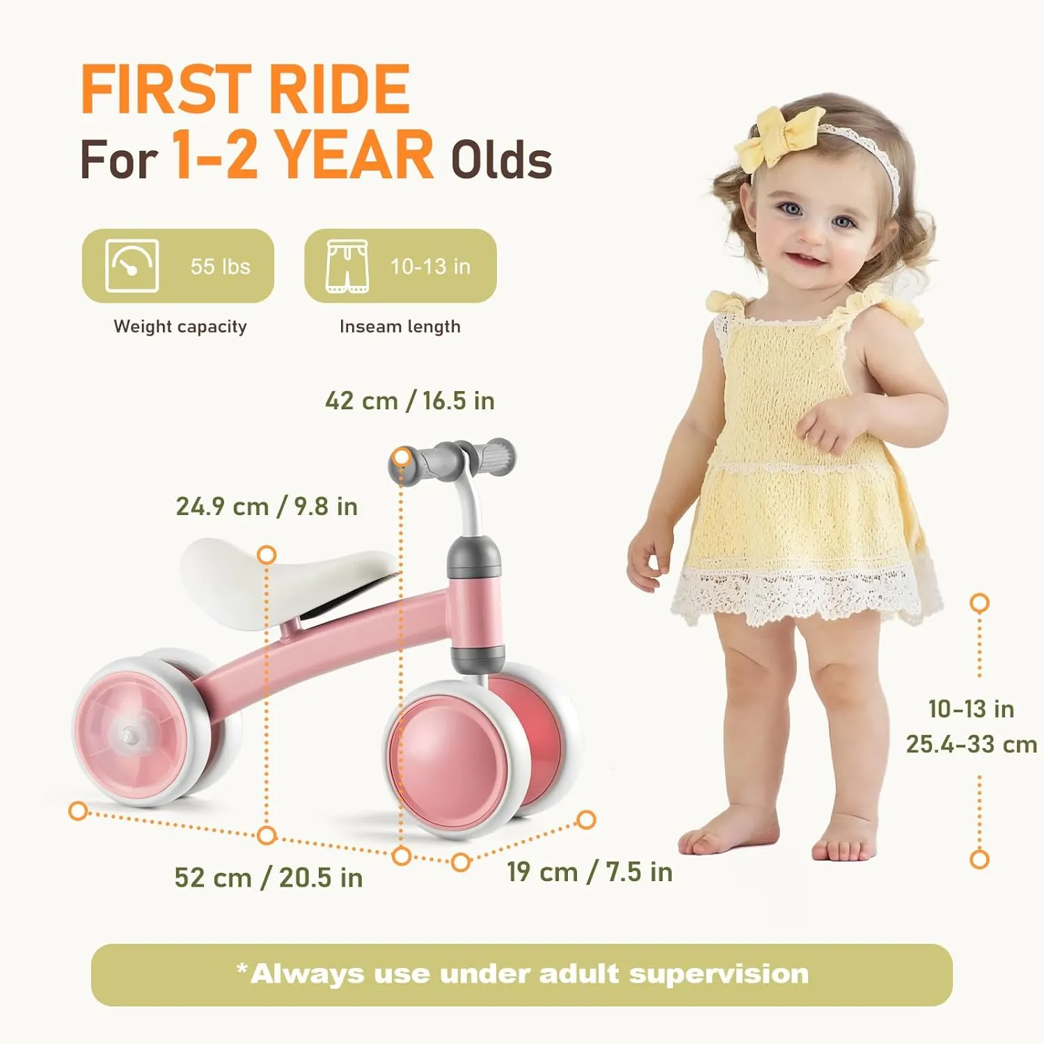 Colorful Lighting Baby Balance Bike, 1st Birthday Girl Gifts with 4 Silent Wheels & Soft Seat, Balance Bike 1 Year Old No Pedal, 12-24 Months Toddler Ride-on Toys, Baby Walker for Girls Boys, Pink