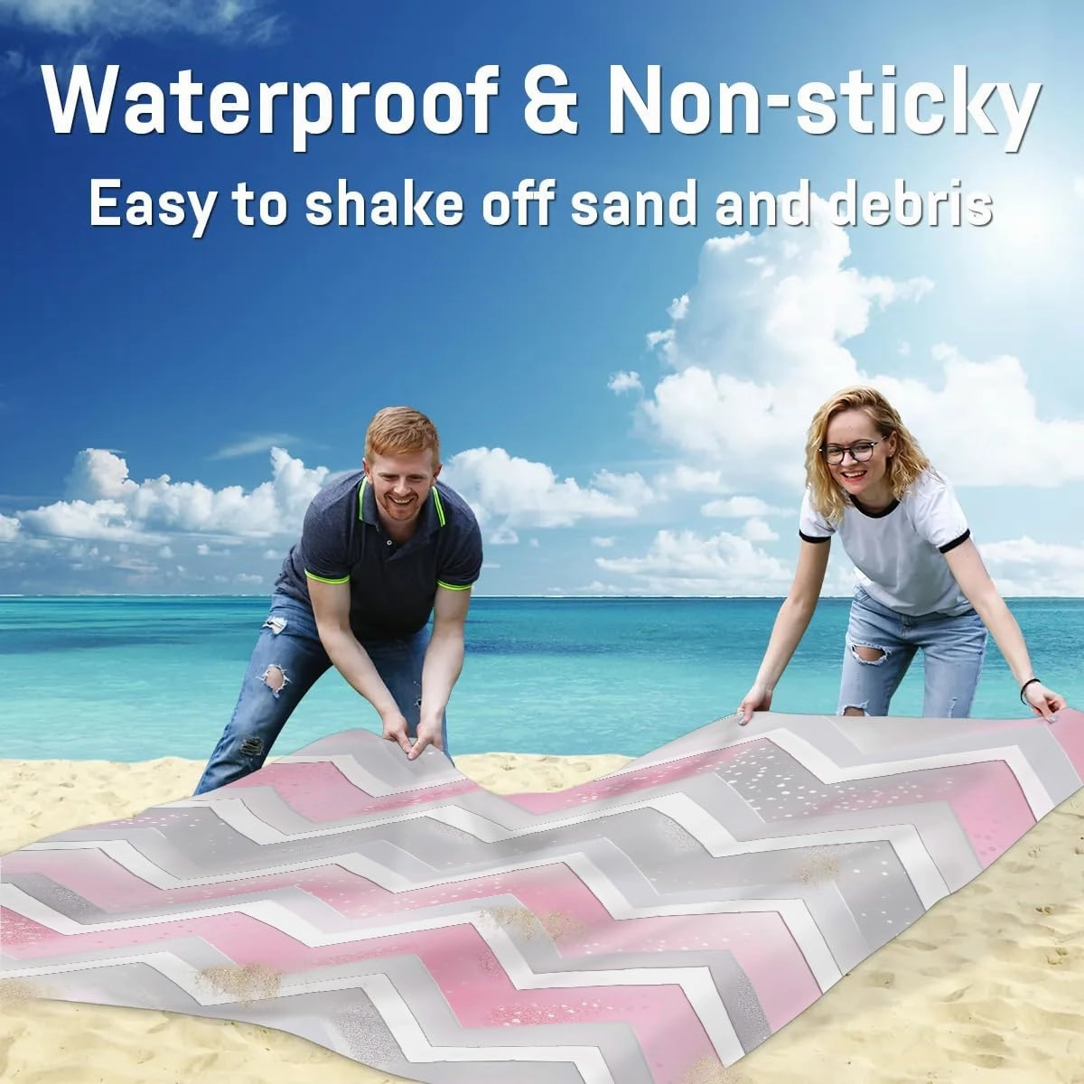 Colorful Chevron Beach Blanket, Sandproof Beach Mat, 68 x 59 Waterproof Quick Drying Sand Free Mat with 4 x Ground Spikes for Outdoor Travel Camping Hiking, Chevron Design
