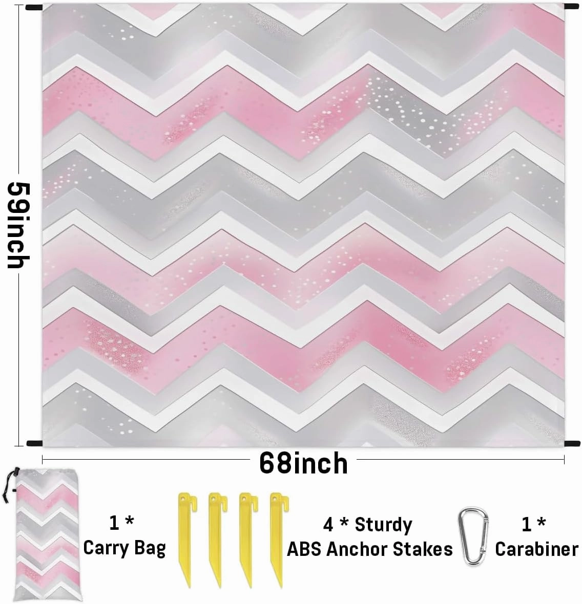 Colorful Chevron Beach Blanket, Sandproof Beach Mat, 68 x 59 Waterproof Quick Drying Sand Free Mat with 4 x Ground Spikes for Outdoor Travel Camping Hiking, Chevron Design