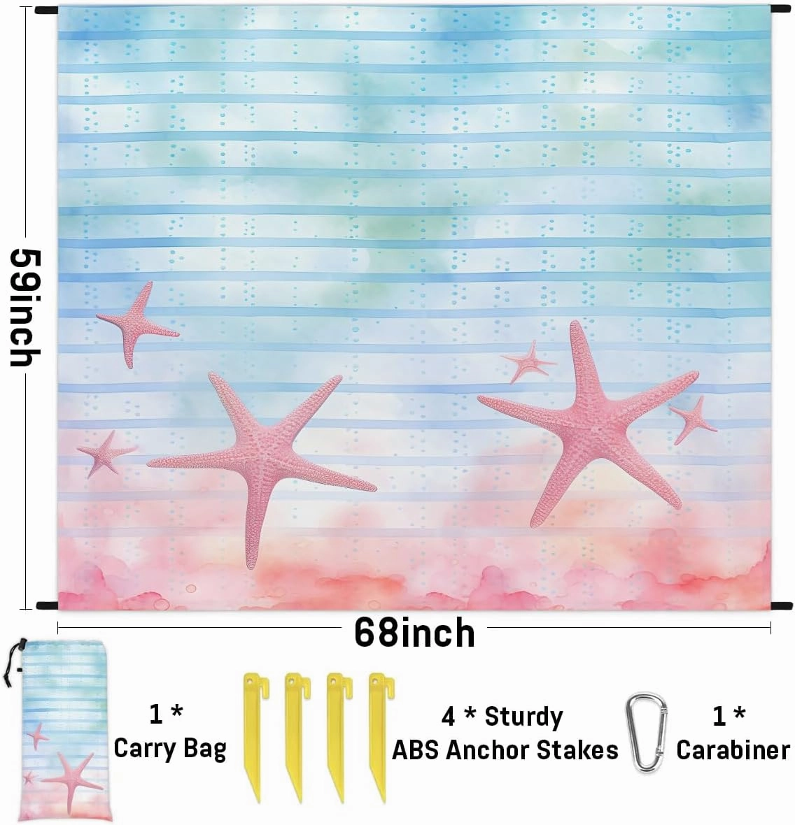Colorful Starfish Beach Blanket, Sandproof Beach Mat, 68 x 59 Waterproof Quick Drying Sand Free Mat with 4 x Ground Spikes for Outdoor Travel Camping Hiking, Summer Sea Starfish