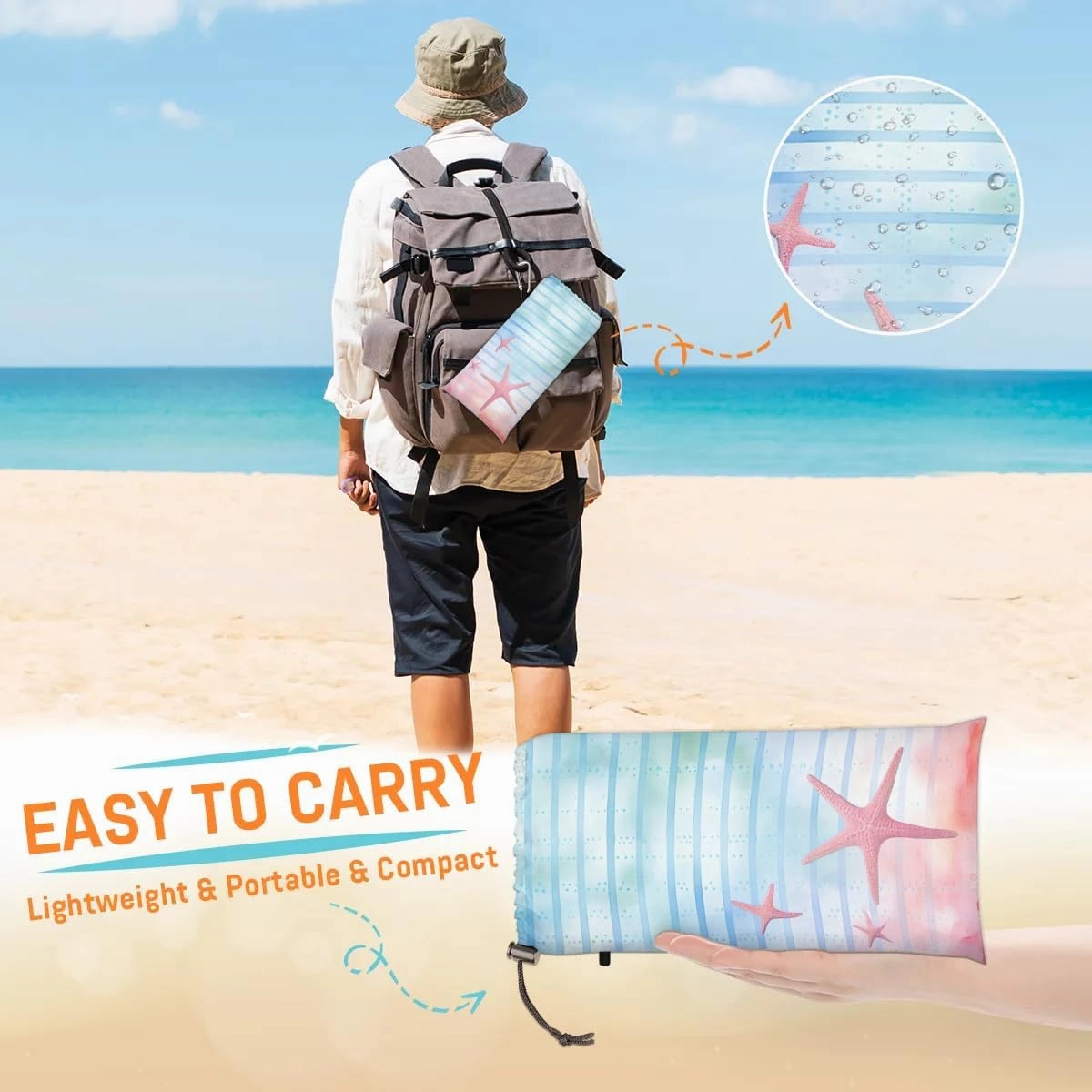 Colorful Starfish Beach Blanket, Sandproof Beach Mat, 68 x 59 Waterproof Quick Drying Sand Free Mat with 4 x Ground Spikes for Outdoor Travel Camping Hiking, Summer Sea Starfish