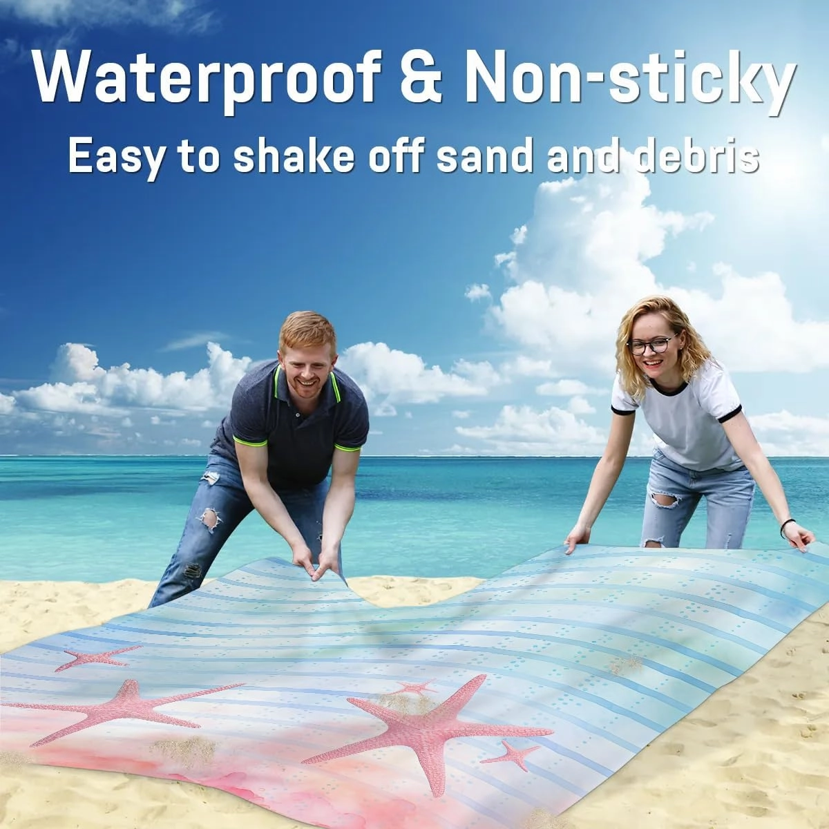 Colorful Starfish Beach Blanket, Sandproof Beach Mat, 68 x 59 Waterproof Quick Drying Sand Free Mat with 4 x Ground Spikes for Outdoor Travel Camping Hiking, Summer Sea Starfish