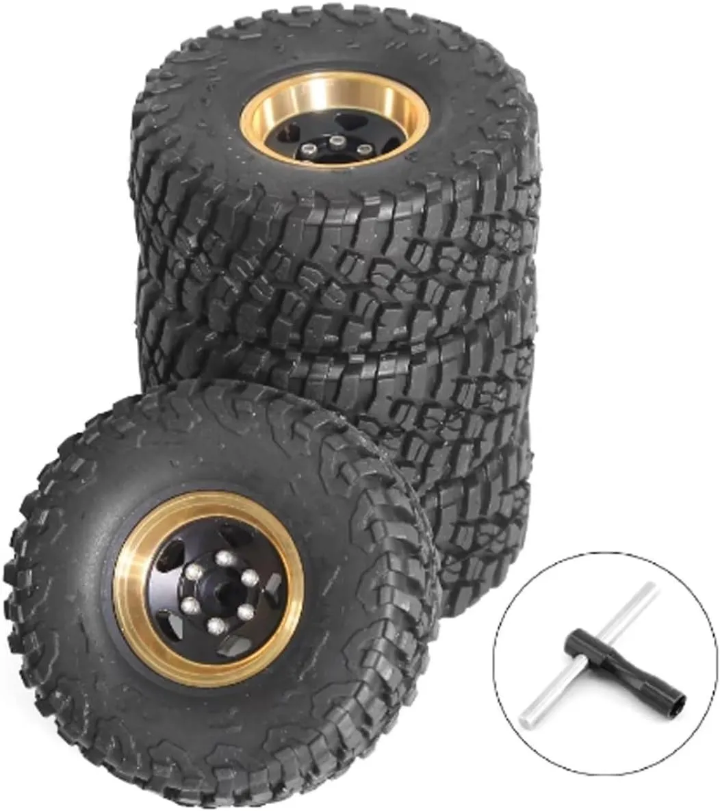Compatible with Axial for AX24 for SCX24 for TRX4M 1/18 1/24 RC Crawler Car Part Black Coating Brass 1.0" Beadlock Wheel Tires Set RC Wheel Tires(A)