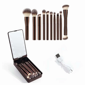 Complete Makeup Brush Set with LED Mirror–10 Essential Brushes, Compact&Lightweight for Effortless Beauty Anywhere!