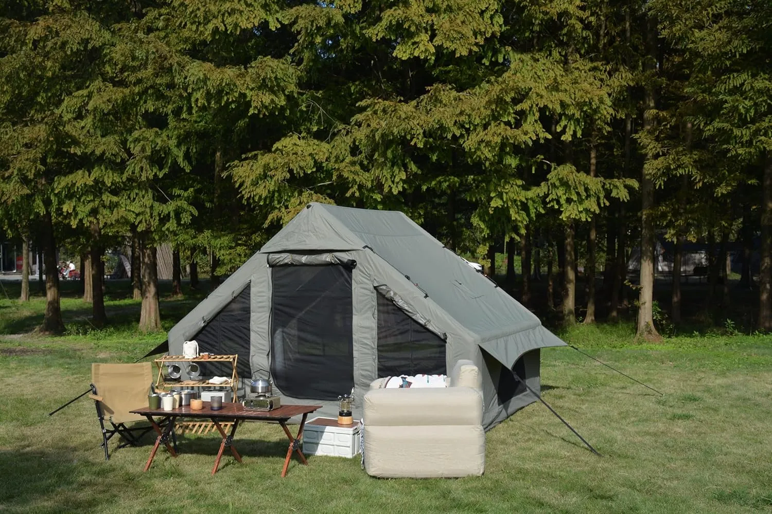 Convenient 4-6 Person Inflatable Camping Tent with Easy Setup and Stove Jack, Waterproof Outdoor Glamping Tent, Army Green