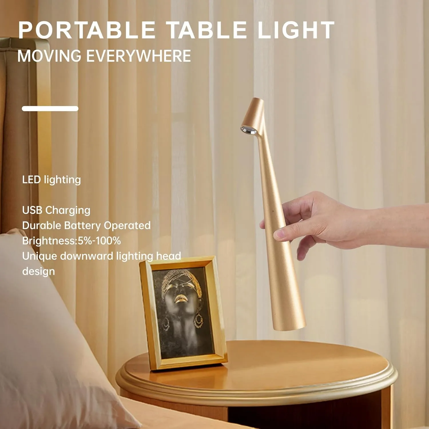 Cordless Small Table Lamps Set of 2,3 Levels Brightness Portable Desk Lamp,Rechargeable Battery Lights for Outdoor, Restaurant, Bedside, Baby Night Light,Gifts(Gold)