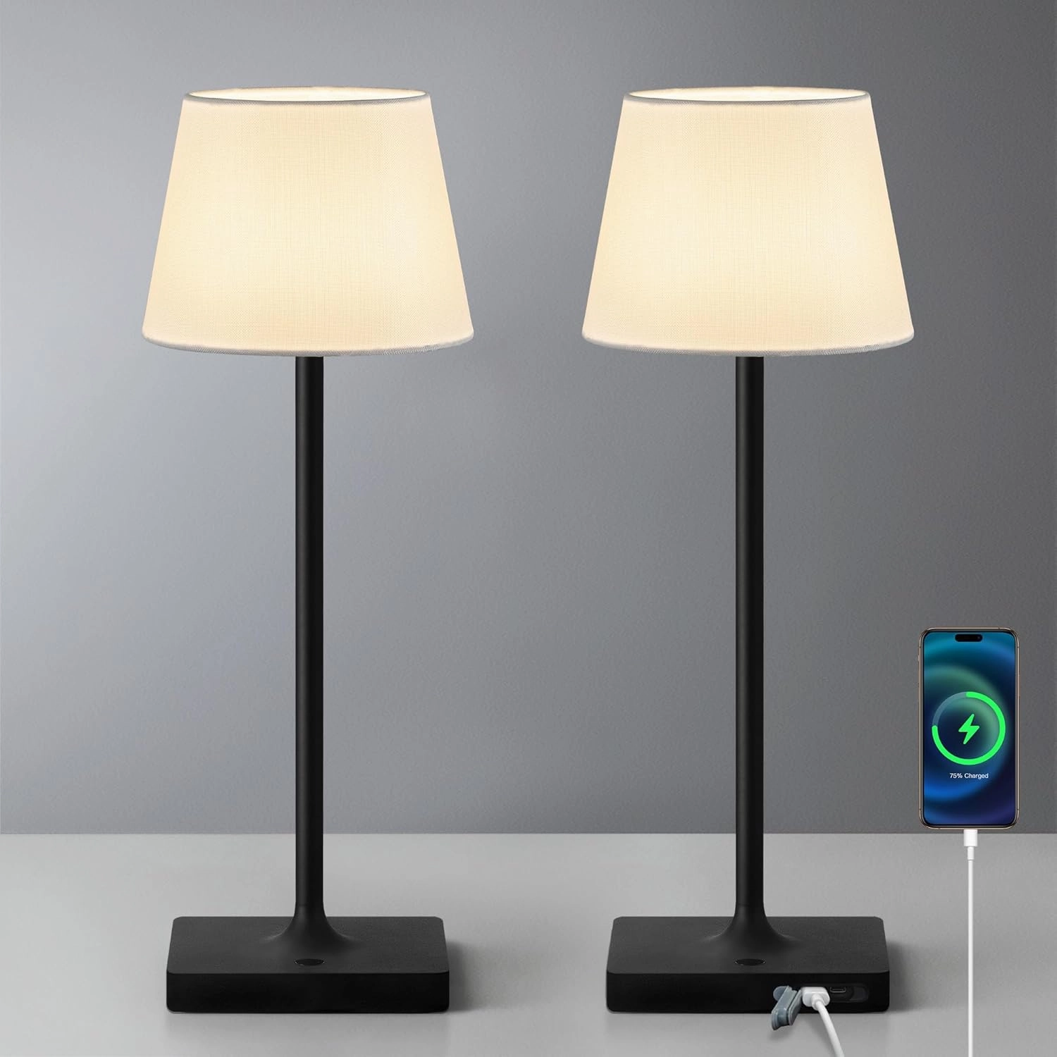Cordless Portable Touch Table Lamp Set of 2, 4000mAh Rechargeable Battery Powered Dimmable LED Desk Lamps Fabric Lampshde, Modern Baby Night Light for Restaurant, Bedroom (Gold 14.5")