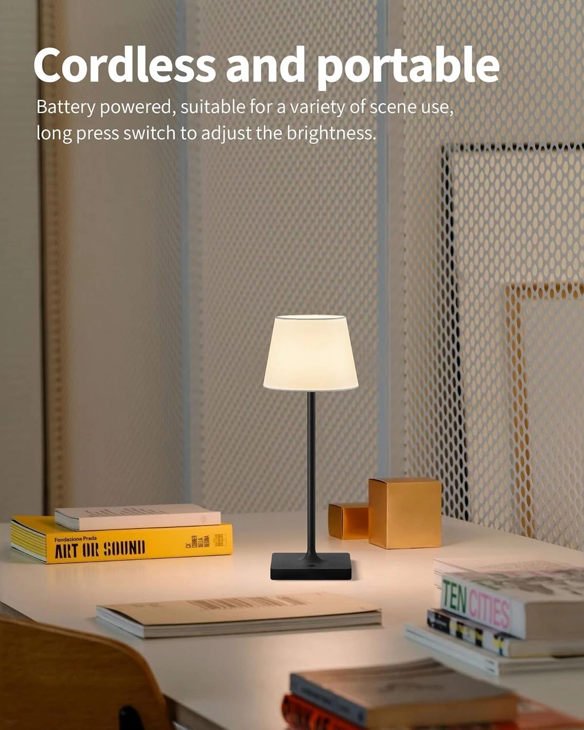 Cordless Portable Touch Table Lamp Set of 2, 4000mAh Rechargeable Battery Powered Dimmable LED Desk Lamps Fabric Lampshde, Modern Baby Night Light for Restaurant, Bedroom (Gold 14.5")