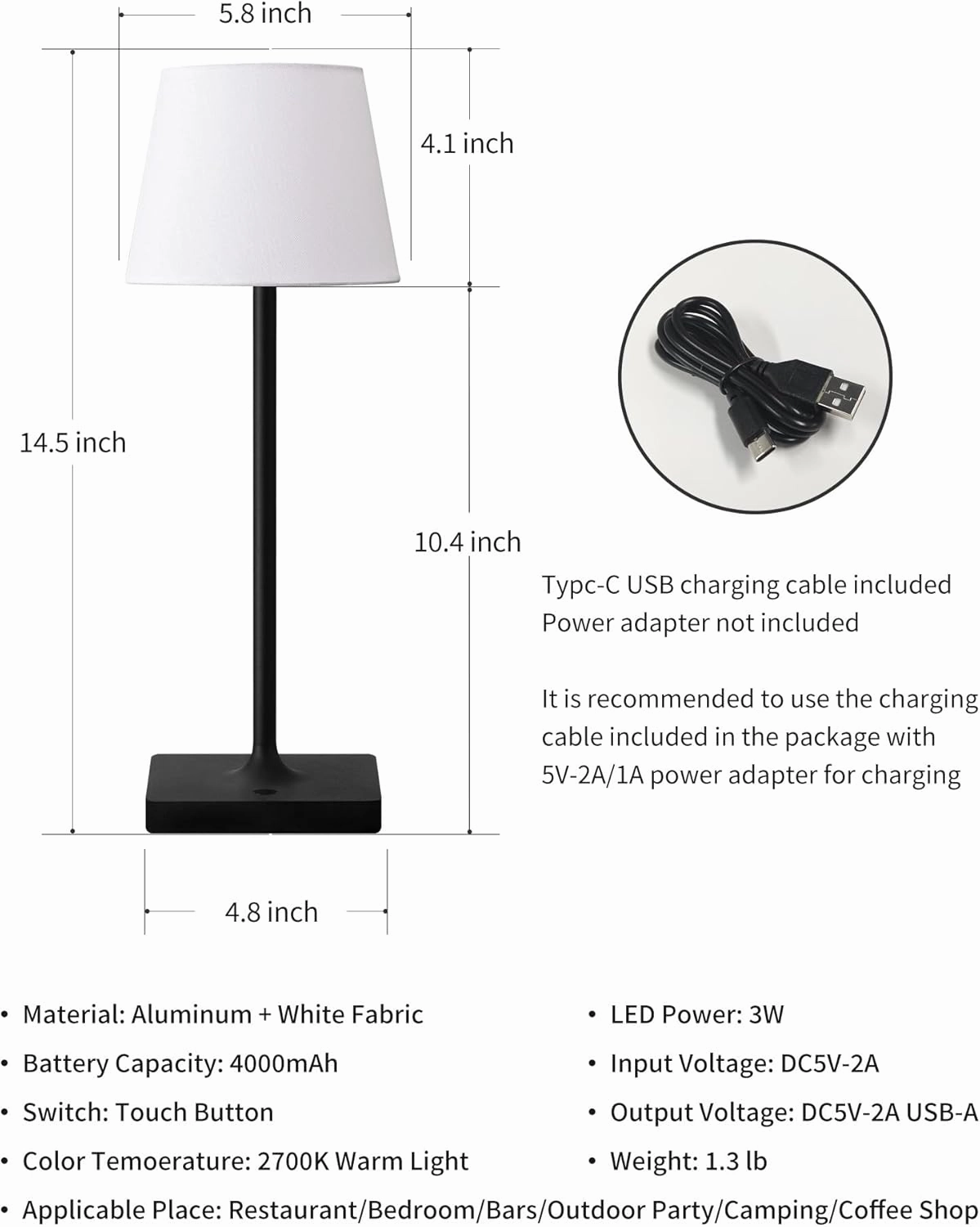 Cordless Portable Touch Table Lamp Set of 2, 4000mAh Rechargeable Battery Powered Dimmable LED Desk Lamps Fabric Lampshde, Modern Baby Night Light for Restaurant, Bedroom (Gold 14.5")