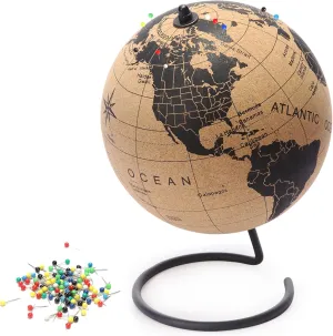 Cork Globe with Push Pins - 9.4” Push Pin Globe with Map of the World and Rotating Stand for Children or Adults, 100 Colored Push Pins - World Globe for Home, Office, Classroom, Travel, Kids