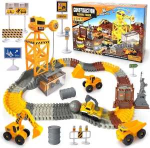 CORPER TOYS Construction Race Track Set Toys for Kids with Light Up Construction Race Car, Tower Crane, Statue of Liberty and Road Signs DIY Car Track Playset Gifts for Christmas Birthday
