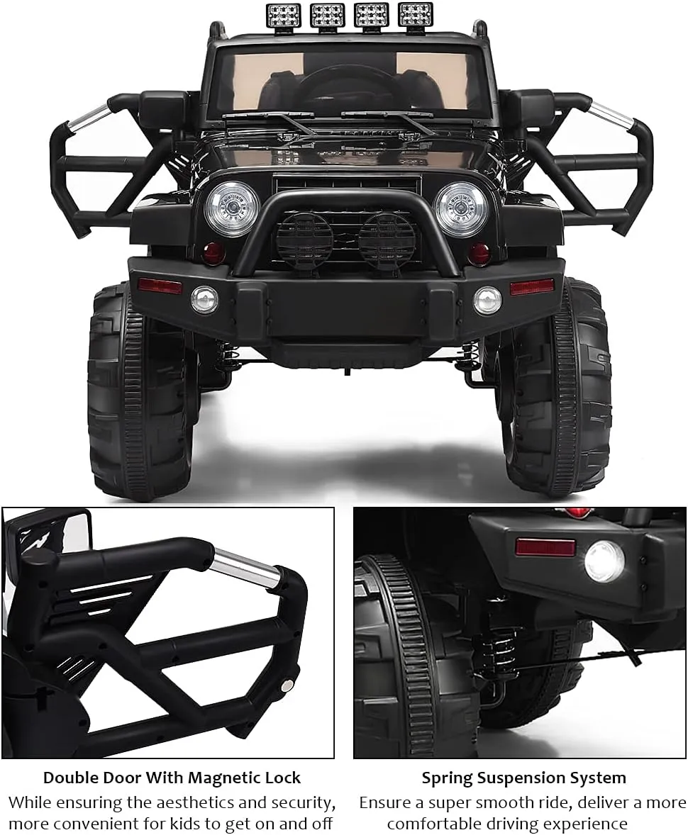 Costzon Ride On Car, 12V Battery Powered Electric Ride On Truck w/Parental Remote Control, LED Lights, Double Open Doors, Safety Belt, Music, MP3, Spring Suspension (Deluxe Black)