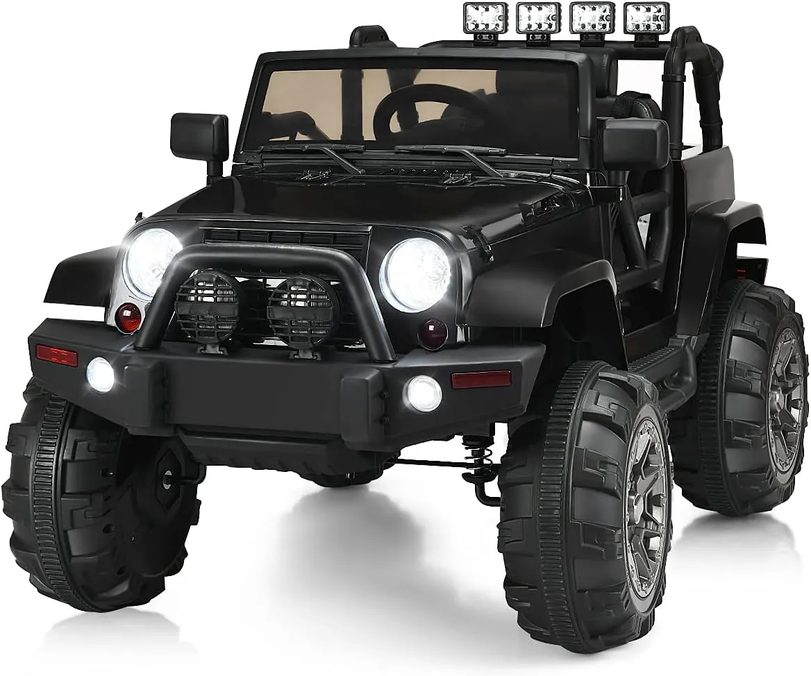 Costzon Ride On Car, 12V Battery Powered Electric Ride On Truck w/Parental Remote Control, LED Lights, Double Open Doors, Safety Belt, Music, MP3, Spring Suspension (Deluxe Black)