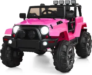 Costzon Ride On Truck, 12V Battery Powered Electric Ride On Car w/ 2.4 GHZ Parental Remote Control, LED Lights, Double Doors, Safety Belt, Music, MP3 Player, Spring Suspension (Pink)