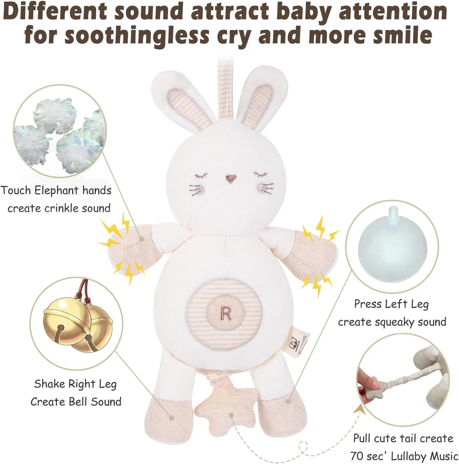 COTTONEBEBE Organic Baby Toys, Stuffed Animal Toy with Lullaby Music for Infant Babies 0 3 6 12 to 36 Months Boy & Girl,Ideal Gift for Newborn (Rabbit, Cotton)