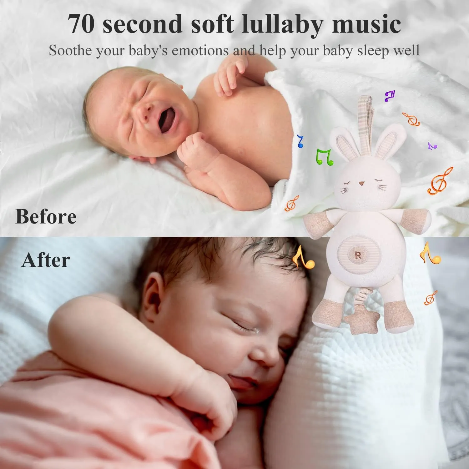 COTTONEBEBE Organic Baby Toys, Stuffed Animal Toy with Lullaby Music for Infant Babies 0 3 6 12 to 36 Months Boy & Girl,Ideal Gift for Newborn (Rabbit, Cotton)