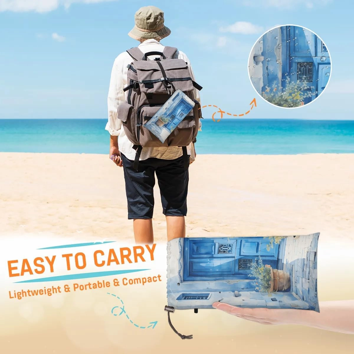 Countryside Beach Blanket, Sandproof Beach Mat, 68 x 59 Waterproof Quick Drying Sand Free Mat with 4 x Ground Spikes for Outdoor Travel Camping Hiking, Countryside