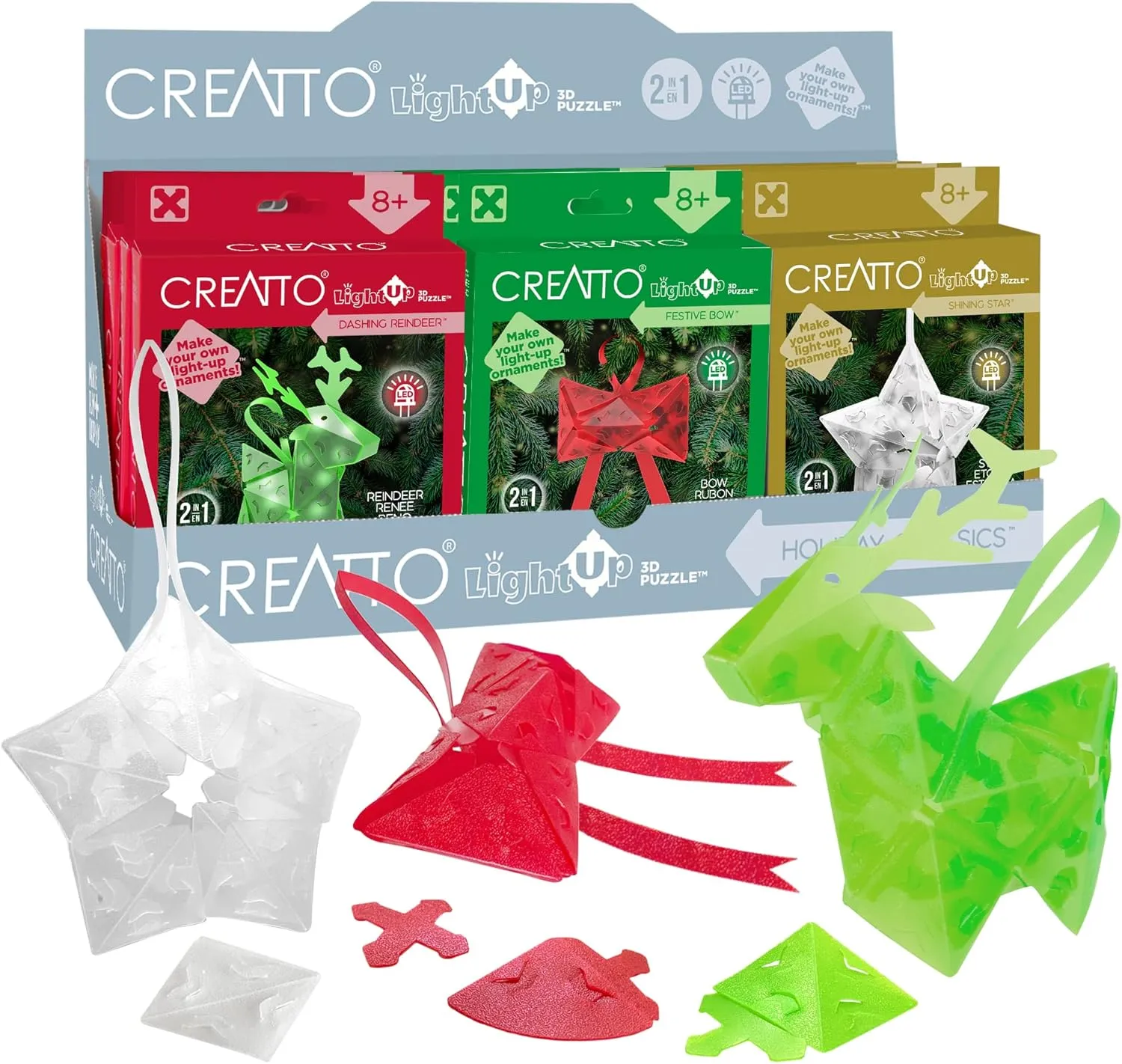 Creatto Holiday Classics – Dashing Reindeer, Shining Star, Festive Bow Light-Up 3D Puzzle Kits | 12-piece Gift Set | Party Favors, Stocking Stuffers, Easter Baskets | DIY Activity w/ LED Lights