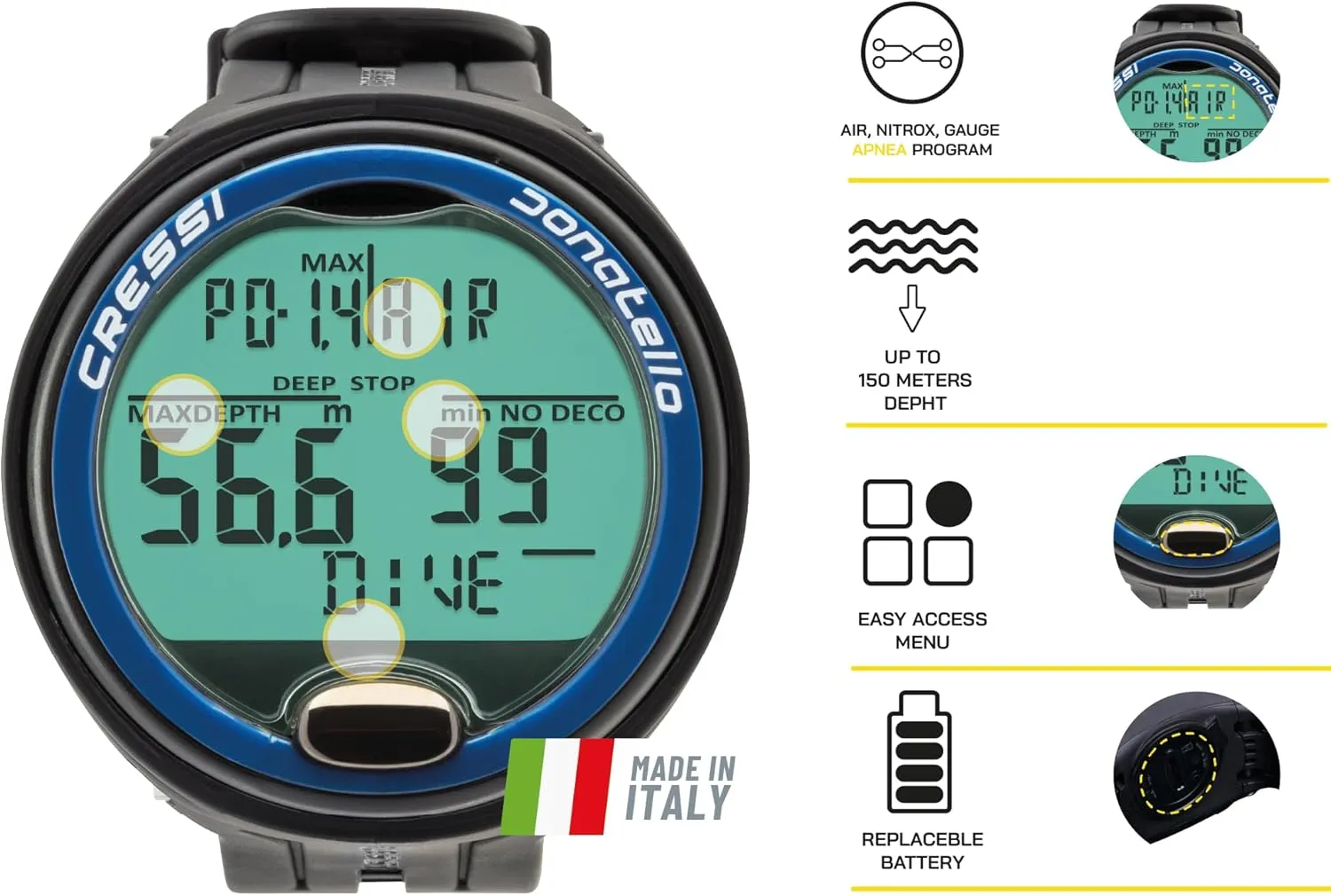 Cressi Scuba Diving Computer for Beginners - 4-Dive Modes: Air • Nitrox • Gauge • Free - Long Battery Life - Strong Backlit Display - Donatello: Made in Italy