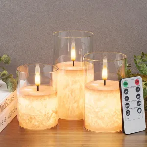 Crystal Texture Design Flickering Flameless Candles with Remote & Timer, Real Wax Battery Operated Candles with Flickering Flame, Realistic LED Candle, Clear Glass - 3Pack [3"×4"/5"/6"]