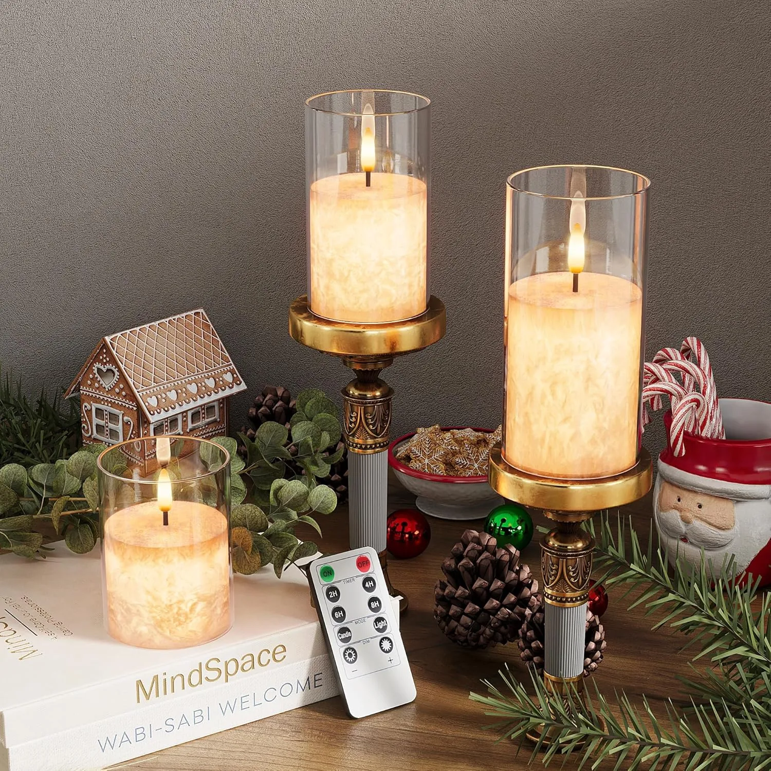Crystal Texture Design Flickering Flameless Candles with Remote & Timer, Real Wax Battery Operated Candles with Flickering Flame, Realistic LED Candle, Clear Glass - 3Pack [3"×4"/5"/6"]