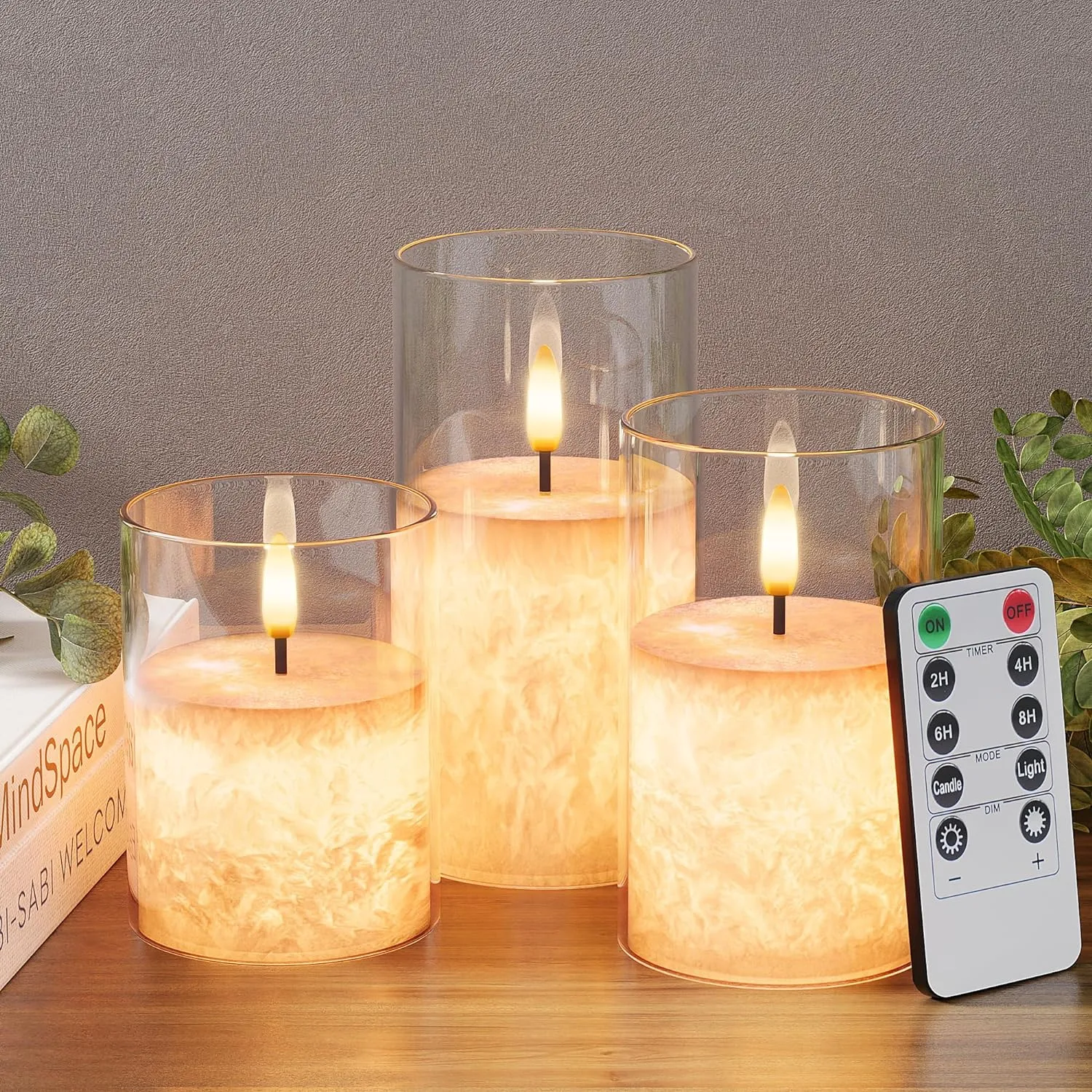 Crystal Texture Design Flickering Flameless Candles with Remote & Timer, Real Wax Battery Operated Candles with Flickering Flame, Realistic LED Candle, Clear Glass - 3Pack [3"×4"/5"/6"]