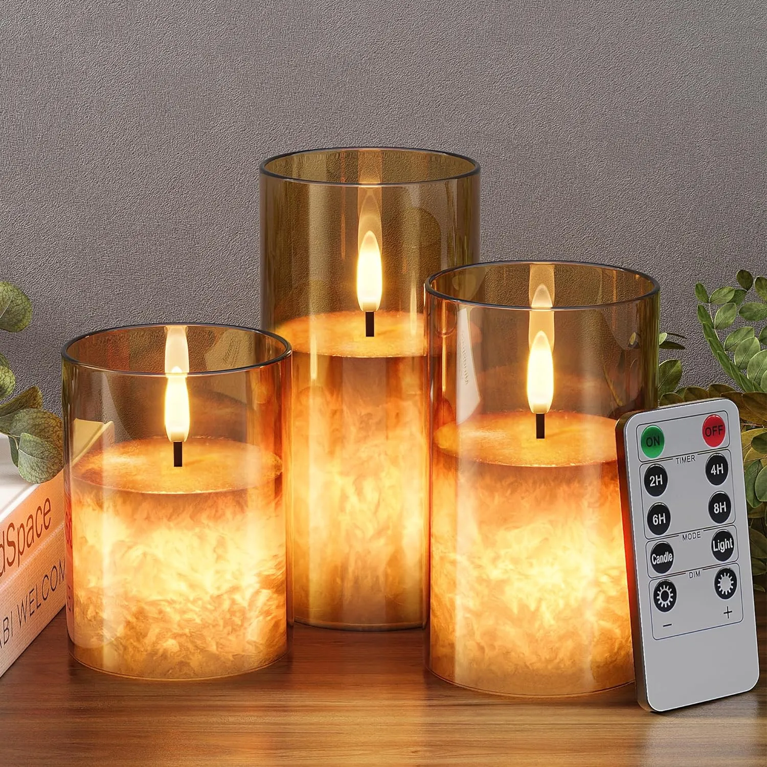 Crystal Texture Design Flickering Flameless Candles with Remote & Timer, Real Wax Battery Operated Candles with Flickering Flame, Realistic LED Candle, Gold Glass - 3Pack [3"×4"/5"/6"]