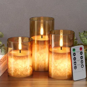 Crystal Texture Design Flickering Flameless Candles with Remote & Timer, Real Wax Battery Operated Candles with Flickering Flame, Realistic LED Candle, Gold Glass - 3Pack [3"×4"/5"/6"]