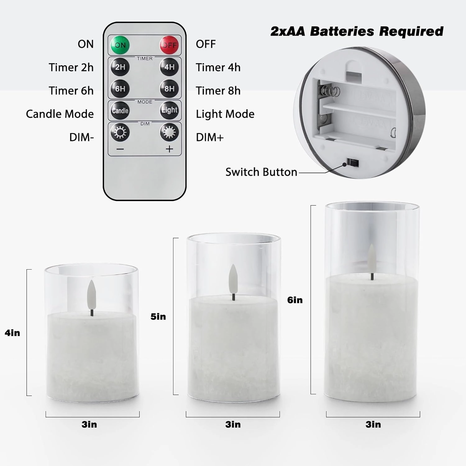 Crystal Texture Design Flickering Flameless Candles with Remote & Timer, Real Wax Battery Operated Candles with Flickering Flame, Realistic LED Candle, Clear Glass - 3Pack [3"×4"/5"/6"]
