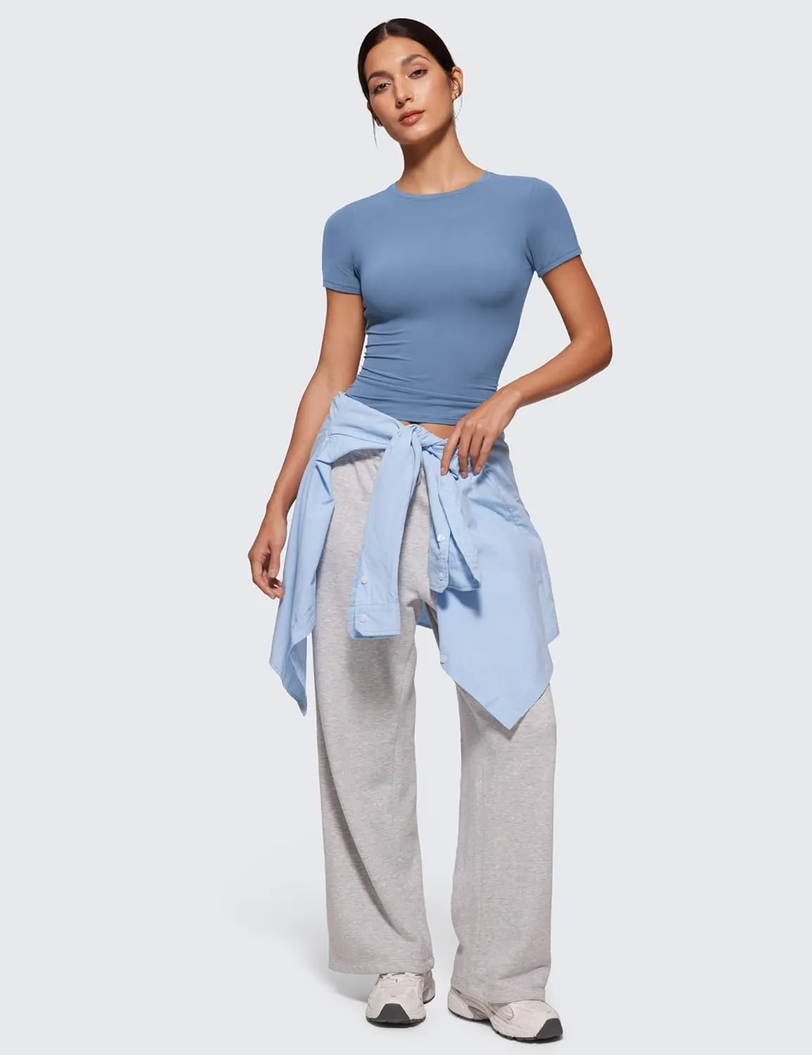 CRZ YOGA Softembrace Short Sleeve Going Out Tops for Women Soft High Crew Neck Casual Tight Shirts Fitted Basic T-Shirts